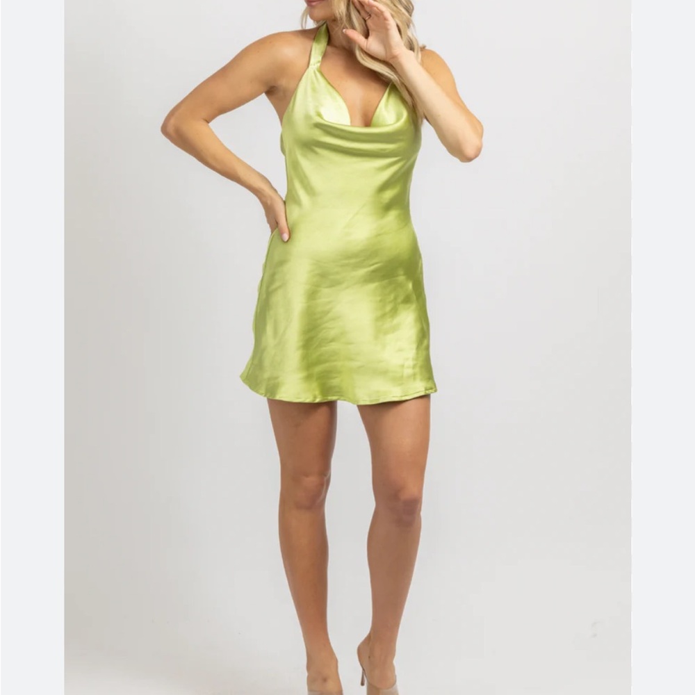 Green cowl neck halter open back satin dress